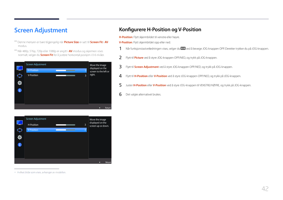 Samsung LS32E590CS/EN Screen Adjustment, Konfigurere H-Position og V-Position, Position Flytt skjermbildet opp eller ned 