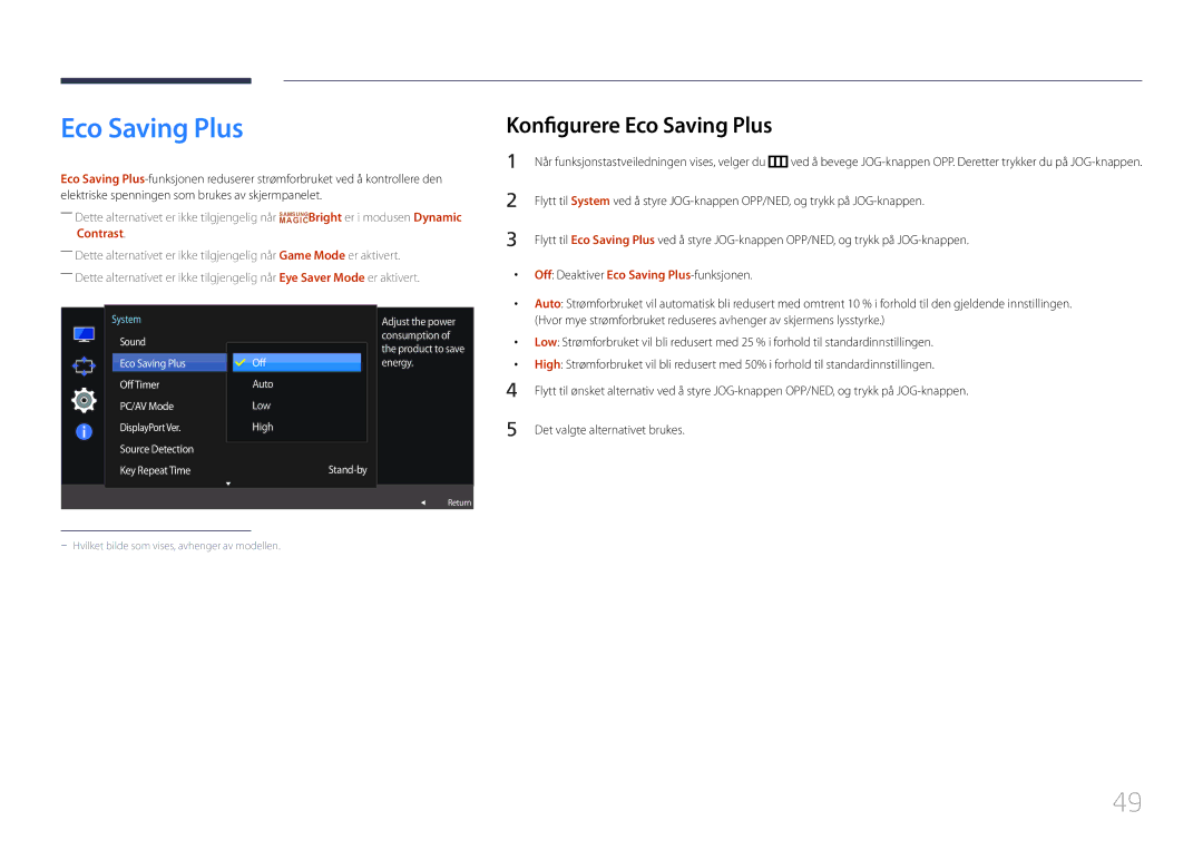 Samsung LS32E590CS/EN manual Konfigurere Eco Saving Plus, Off Deaktiver Eco Saving Plus-funksjonen 