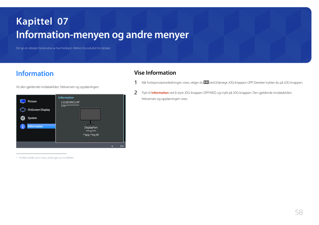 Samsung LS32E590CS/EN manual Information-menyen og andre menyer, Vise Information 