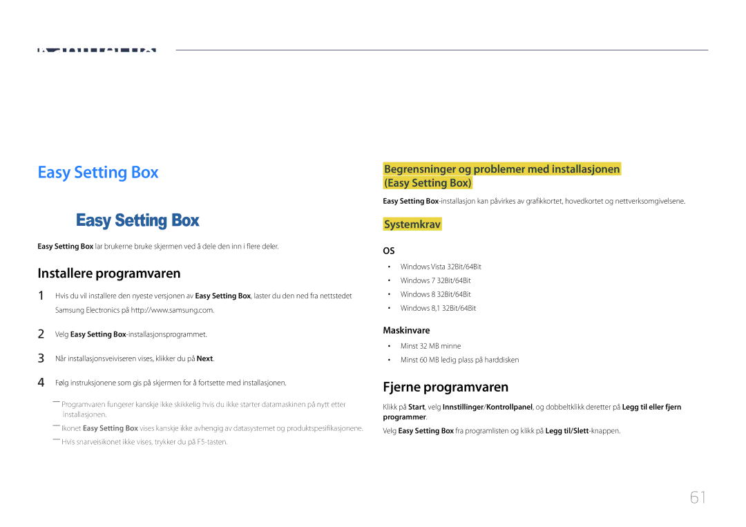 Samsung LS32E590CS/EN manual Installere programvaren, Easy Setting Box, Fjerne programvaren, Systemkrav 