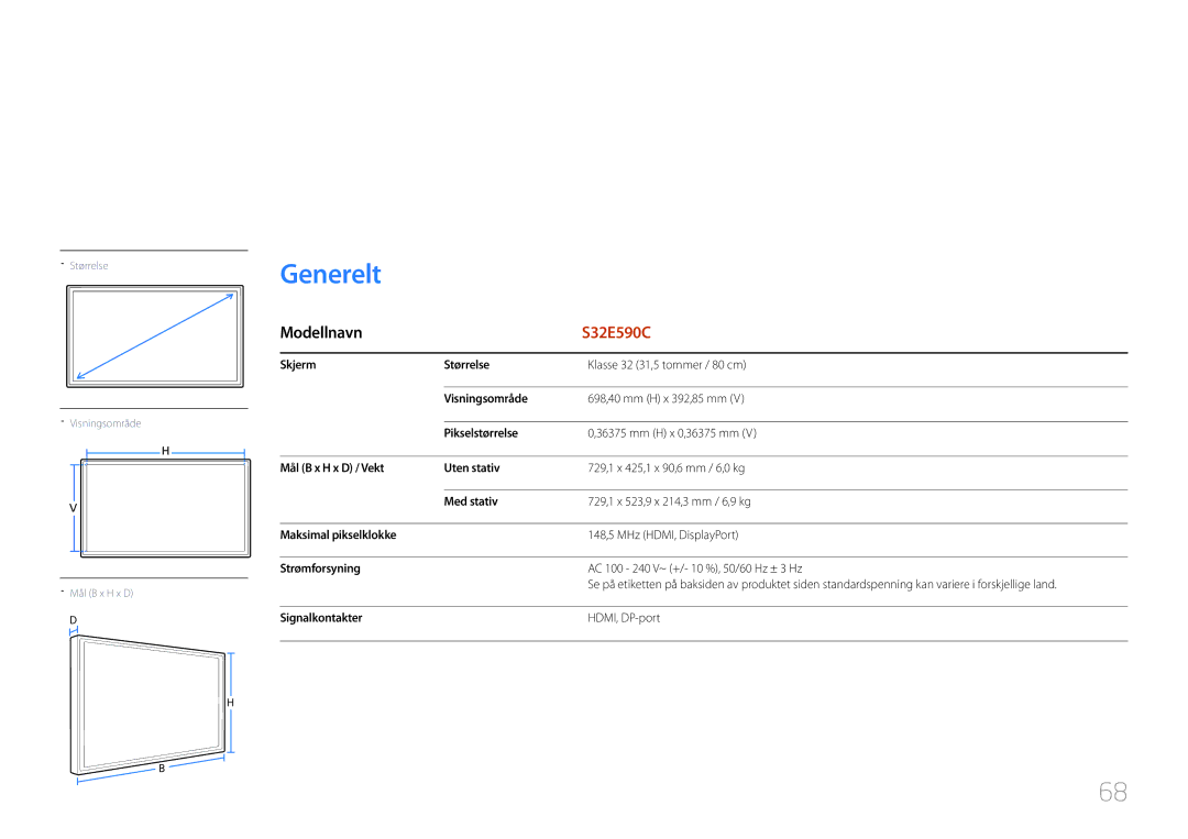 Samsung LS32E590CS/EN manual Spesifikasjoner, Generelt, Signalkontakter HDMI, DP-port 