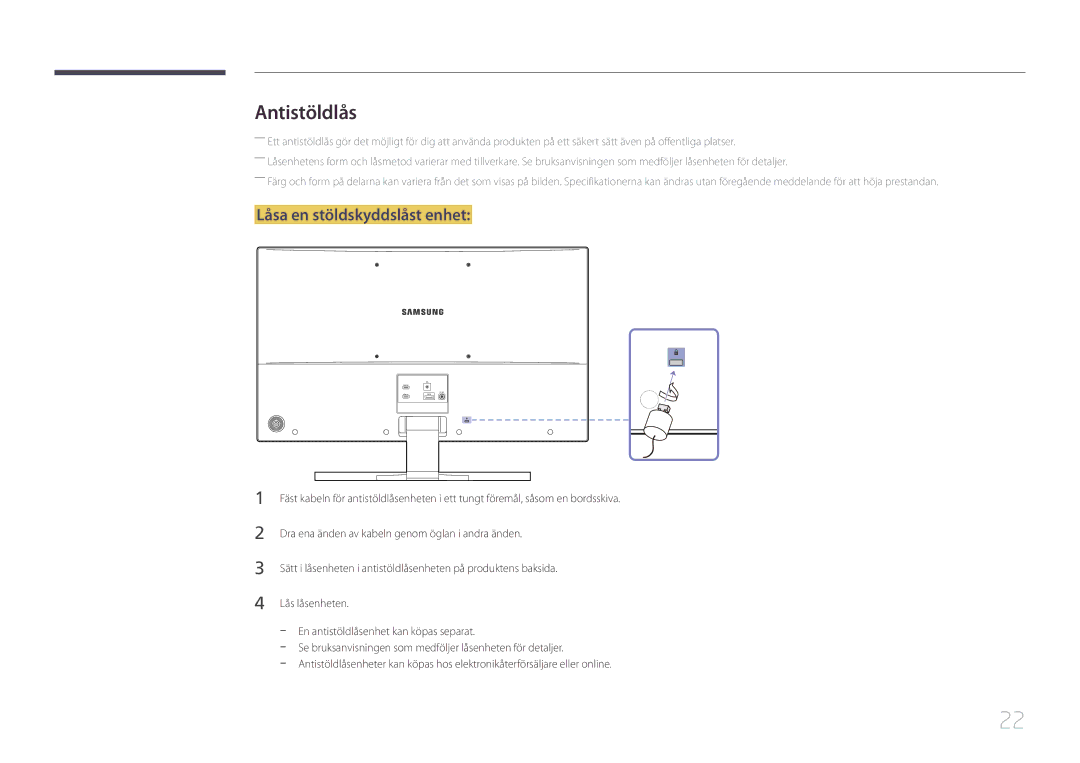 Samsung LS32E590CS/EN manual Antistöldlås, Låsa en stöldskyddslåst enhet 