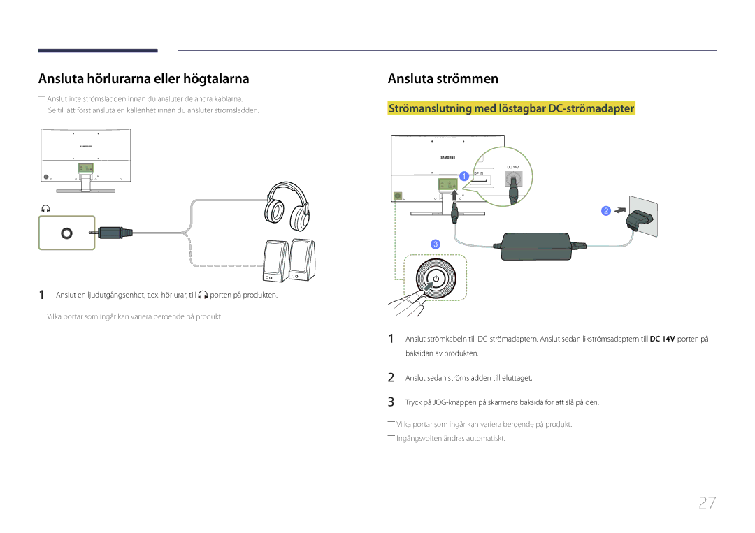 Samsung LS32E590CS/EN manual Ansluta hörlurarna eller högtalarna, Strömanslutning med löstagbar DC-strömadapter 