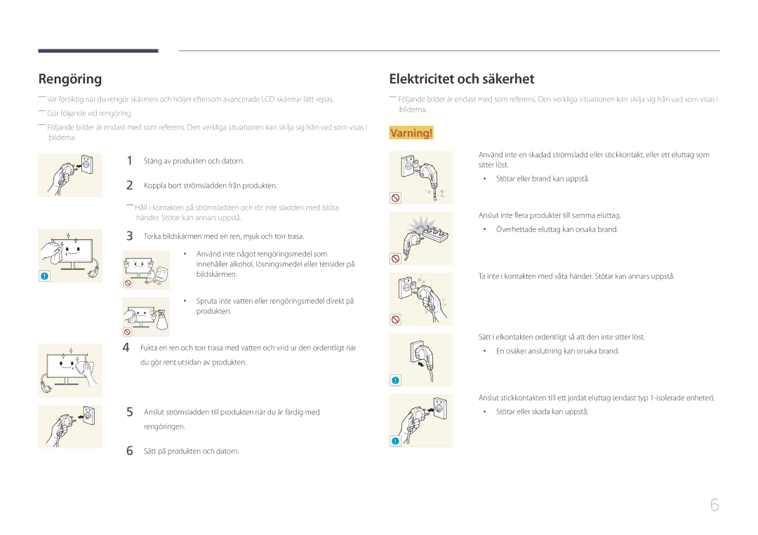 Samsung LS32E590CS/EN manual Rengöring, Elektricitet och säkerhet 