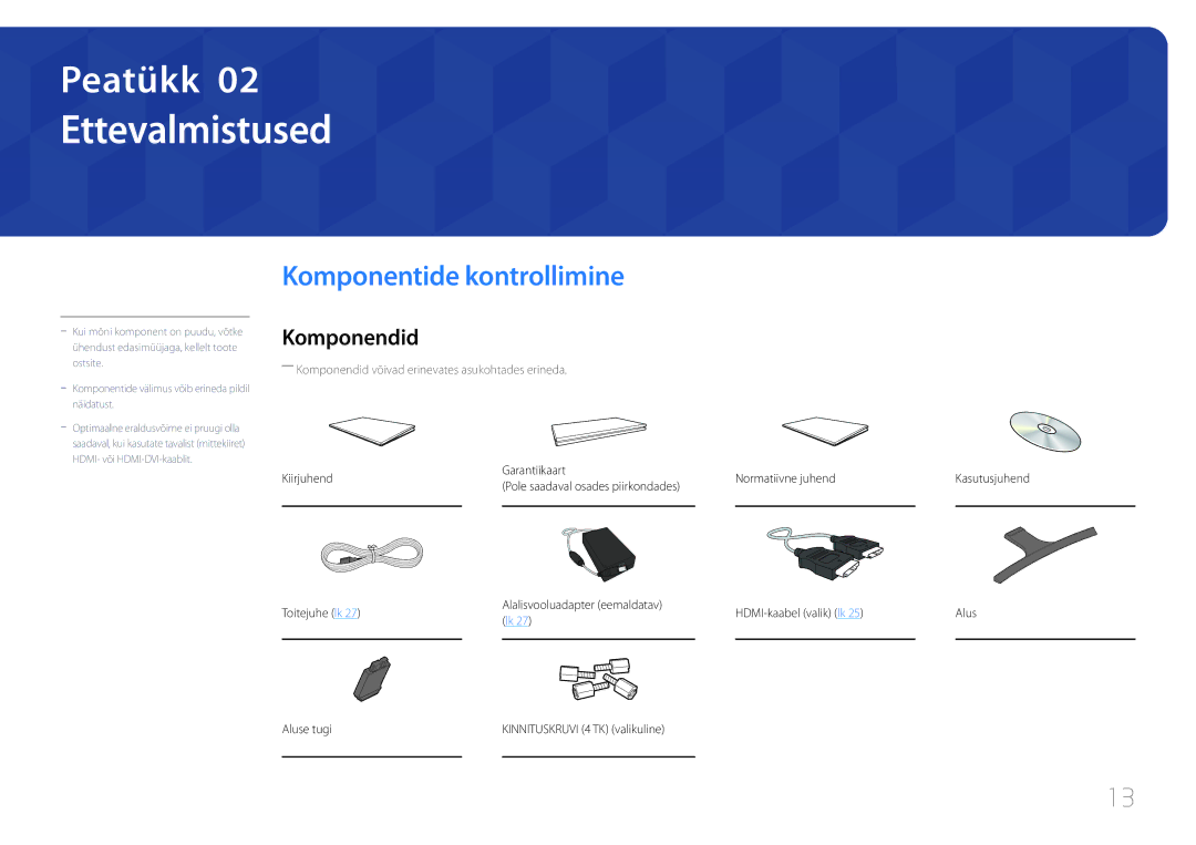 Samsung LS32E590CS/EN manual Ettevalmistused, Komponentide kontrollimine, Komponendid 