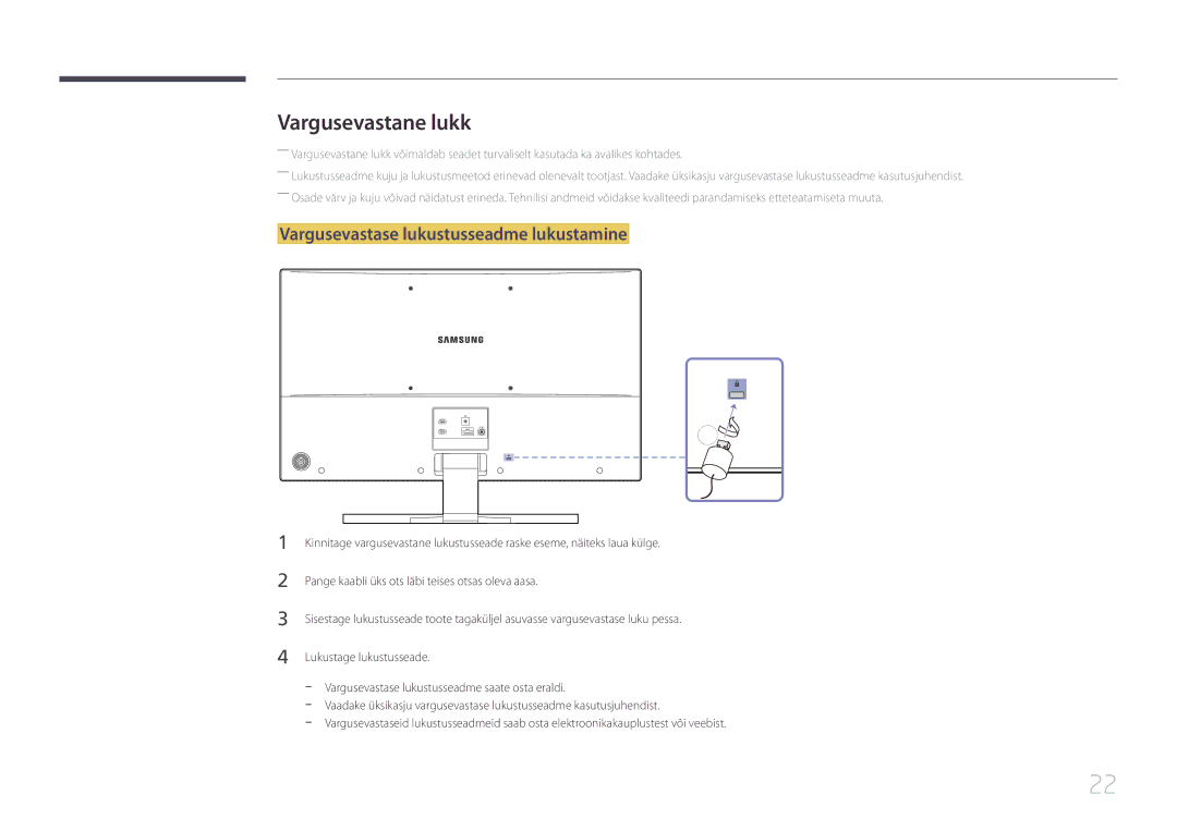 Samsung LS32E590CS/EN manual Vargusevastane lukk, Vargusevastase lukustusseadme lukustamine 