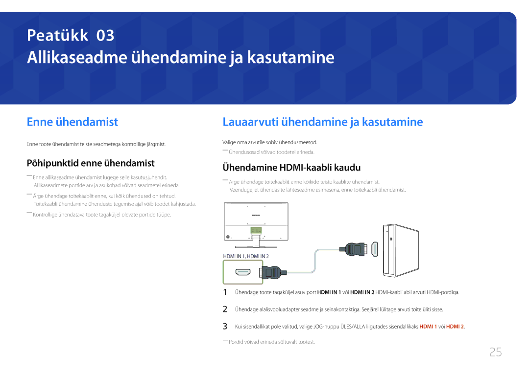 Samsung LS32E590CS/EN manual Allikaseadme ühendamine ja kasutamine, Enne ühendamist, Põhipunktid enne ühendamist 