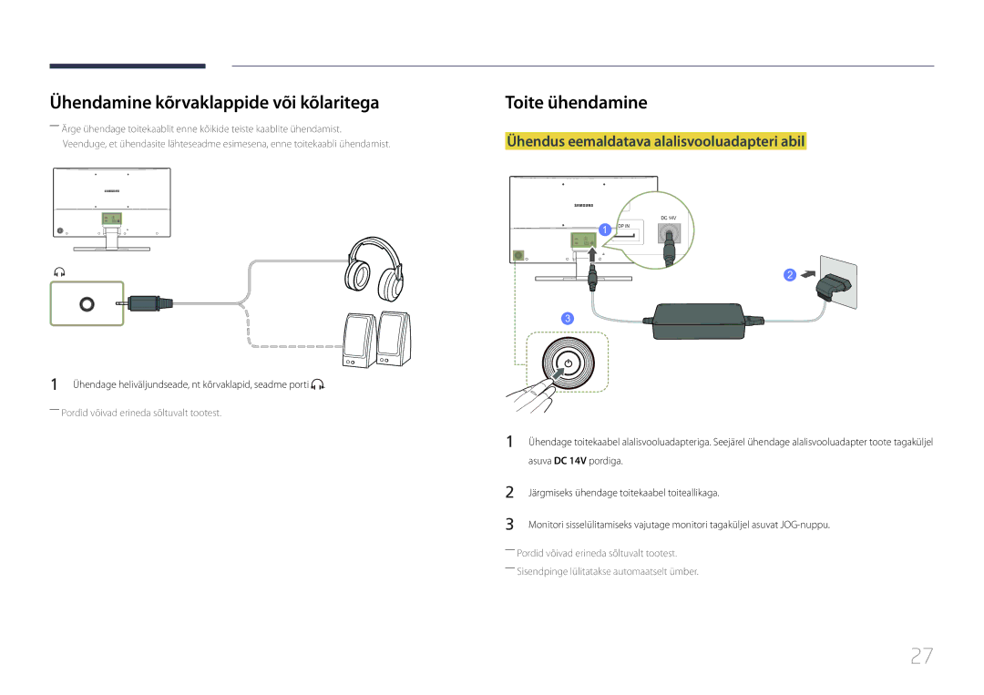 Samsung LS32E590CS/EN manual Ühendamine kõrvaklappide või kõlaritega, Ühendus eemaldatava alalisvooluadapteri abil 