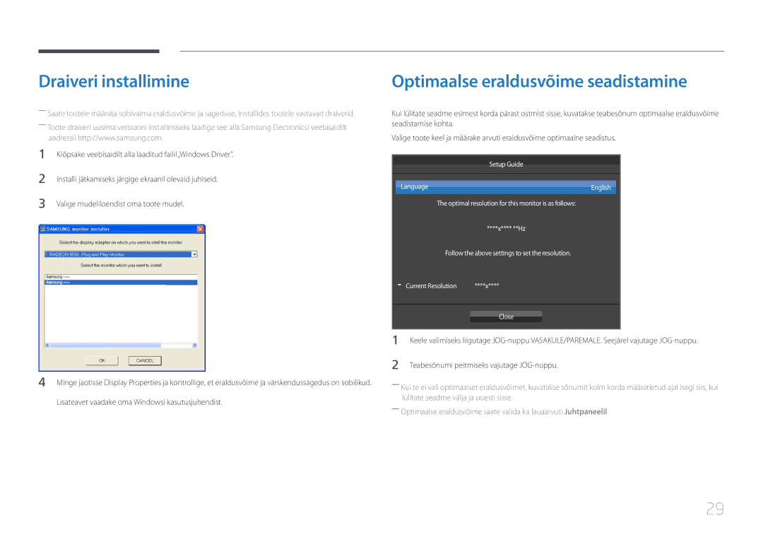 Samsung LS32E590CS/EN Draiveri installimine, Optimaalse eraldusvõime seadistamine, Valige mudeliloendist oma toote mudel 