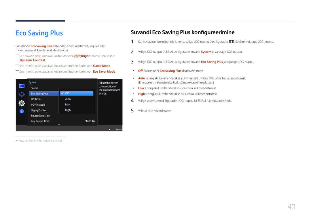 Samsung LS32E590CS/EN manual Suvandi Eco Saving Plus konfigureerimine, Off Funktsiooni Eco Saving Plus deaktiveerimine 