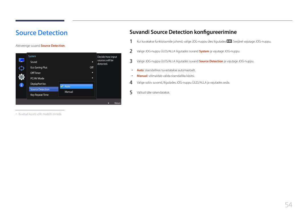 Samsung LS32E590CS/EN manual Suvandi Source Detection konfigureerimine, Aktiveerige suvand Source Detection 