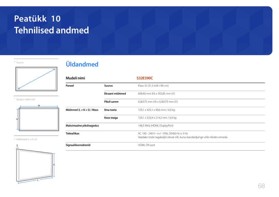 Samsung LS32E590CS/EN manual Tehnilised andmed, Üldandmed 