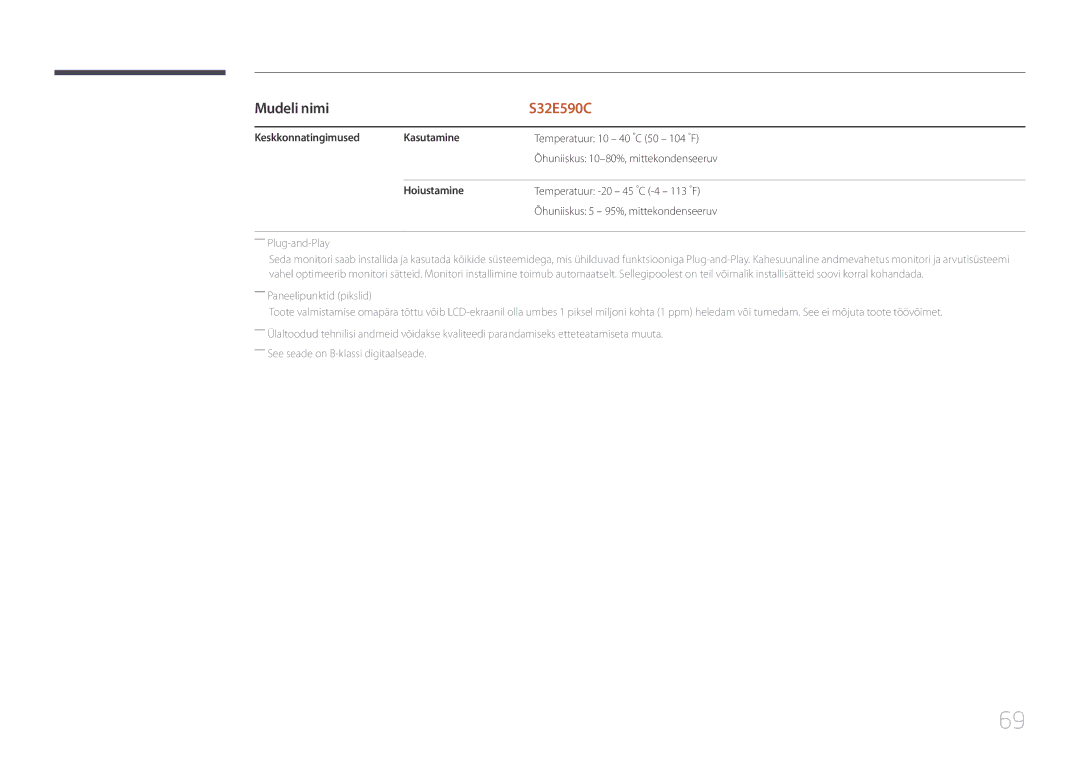 Samsung LS32E590CS/EN manual Keskkonnatingimused Kasutamine, Hoiustamine 