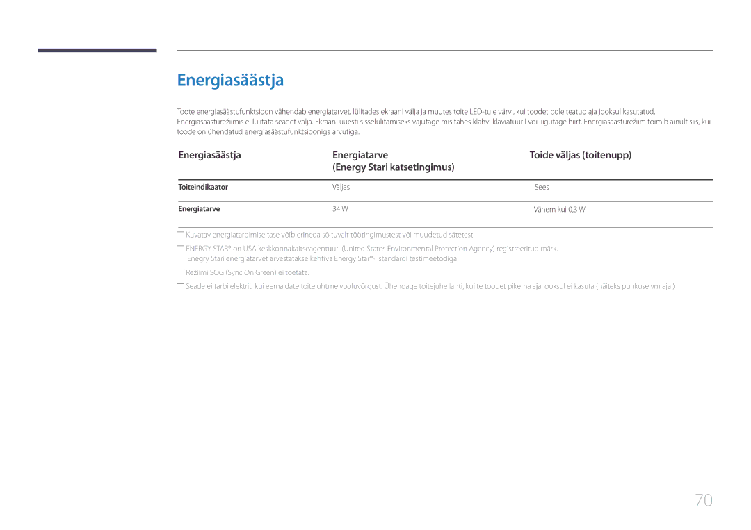 Samsung LS32E590CS/EN manual Energiasäästja, Toiteindikaator, Väljas Sees, Energiatarve, 34 W Vähem kui 0,3 W 