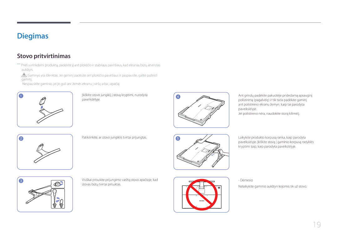 Samsung LS32E590CS/EN manual Diegimas, Stovo pritvirtinimas, Stovas būtų tvirtai prisuktas 