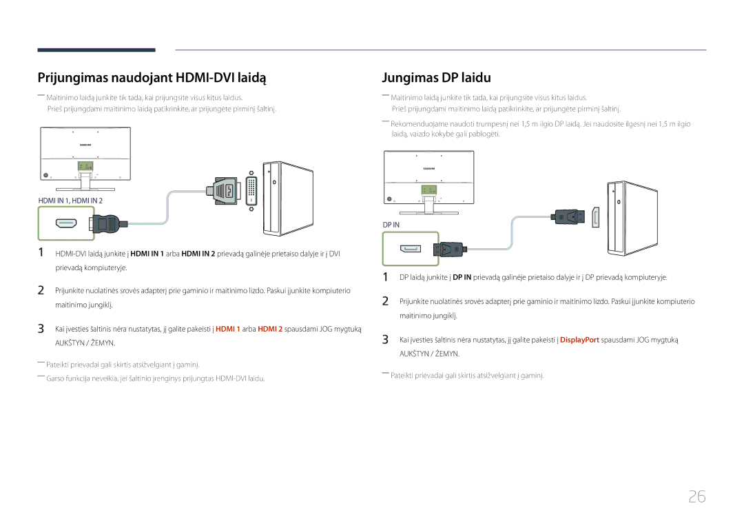 Samsung LS32E590CS/EN Prijungimas naudojant HDMI-DVI laidą, Jungimas DP laidu, Prievadą kompiuteryje, Maitinimo jungiklį 