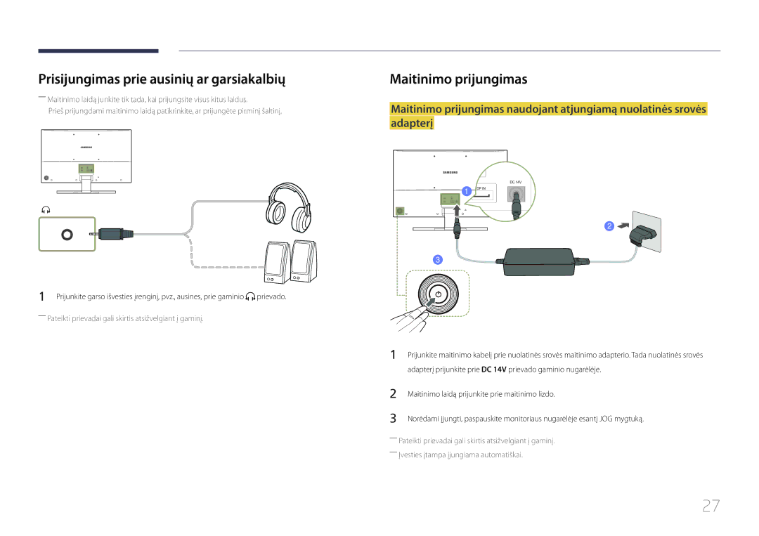 Samsung LS32E590CS/EN manual Prisijungimas prie ausinių ar garsiakalbių, Maitinimo prijungimas 