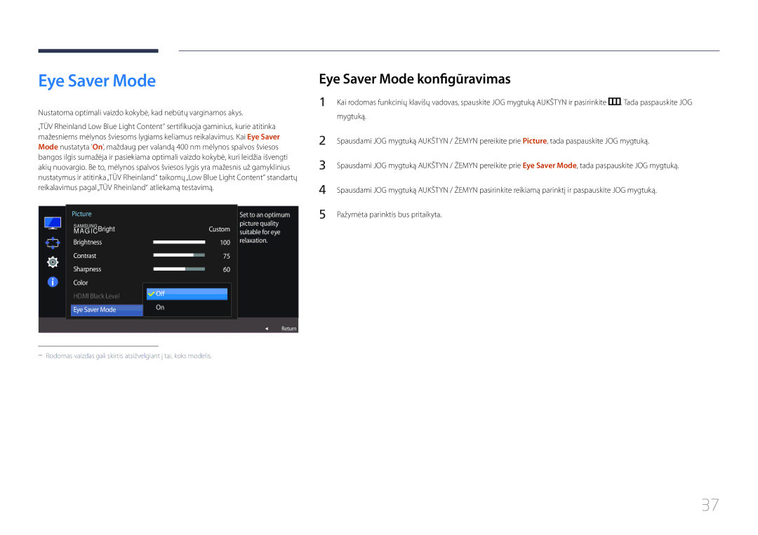 Samsung LS32E590CS/EN Eye Saver Mode konfigūravimas, Eye Saver Mode Off On, Custom suitable for eye 100 relaxation 