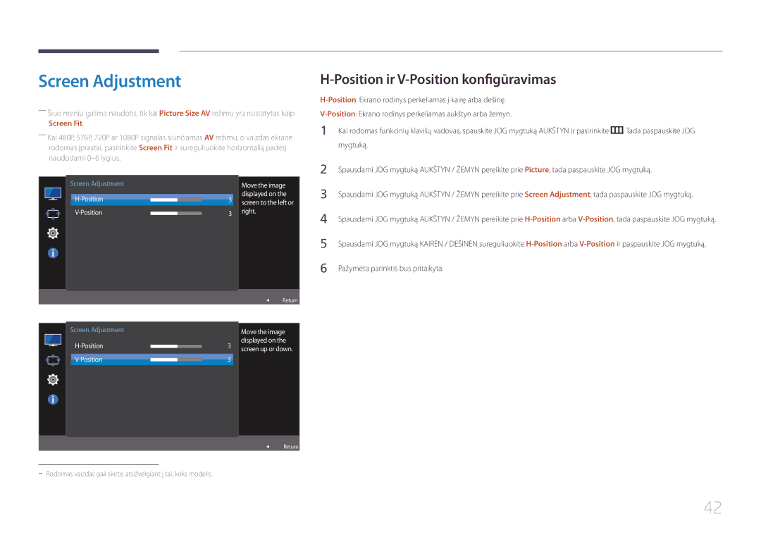 Samsung LS32E590CS/EN manual Screen Adjustment, Position ir V-Position konfigūravimas 
