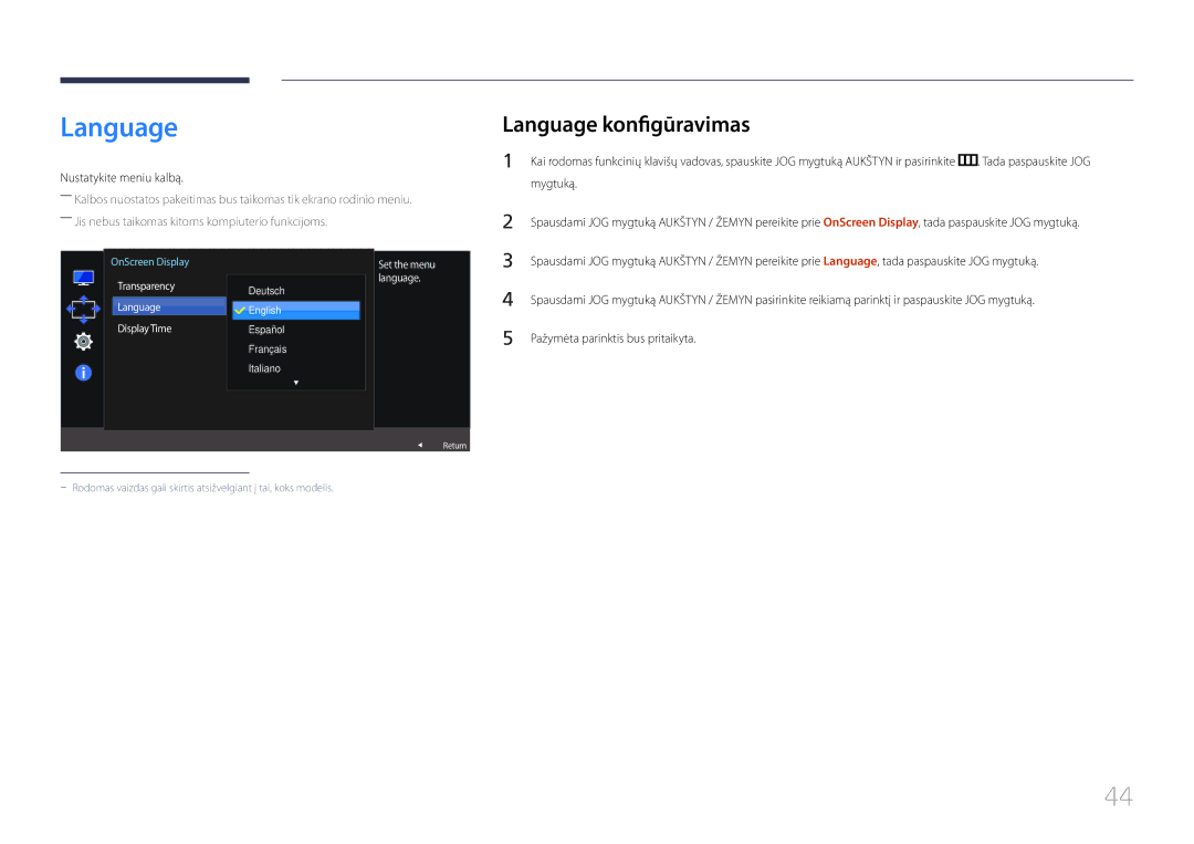 Samsung LS32E590CS/EN manual Language konfigūravimas, Nustatykite meniu kalbą, Transparency Language Display Time 