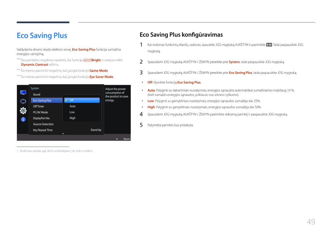 Samsung LS32E590CS/EN manual Eco Saving Plus konfigūravimas, Off Išjunkite funkciją Eco Saving Plus 