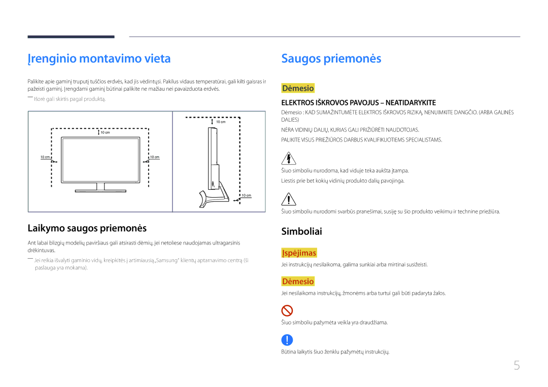 Samsung LS32E590CS/EN manual Įrenginio montavimo vieta, Saugos priemonės, Laikymo saugos priemonės, Simboliai 