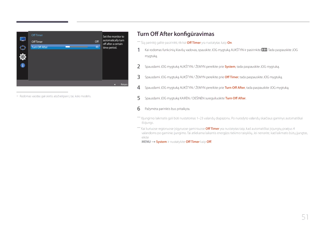 Samsung LS32E590CS/EN manual Turn Off After konfigūravimas, Set the monitor to 