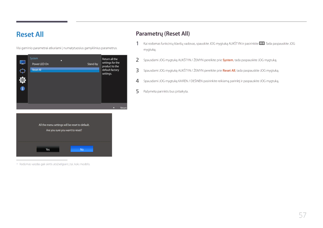 Samsung LS32E590CS/EN manual Parametrų Reset All, Return all 