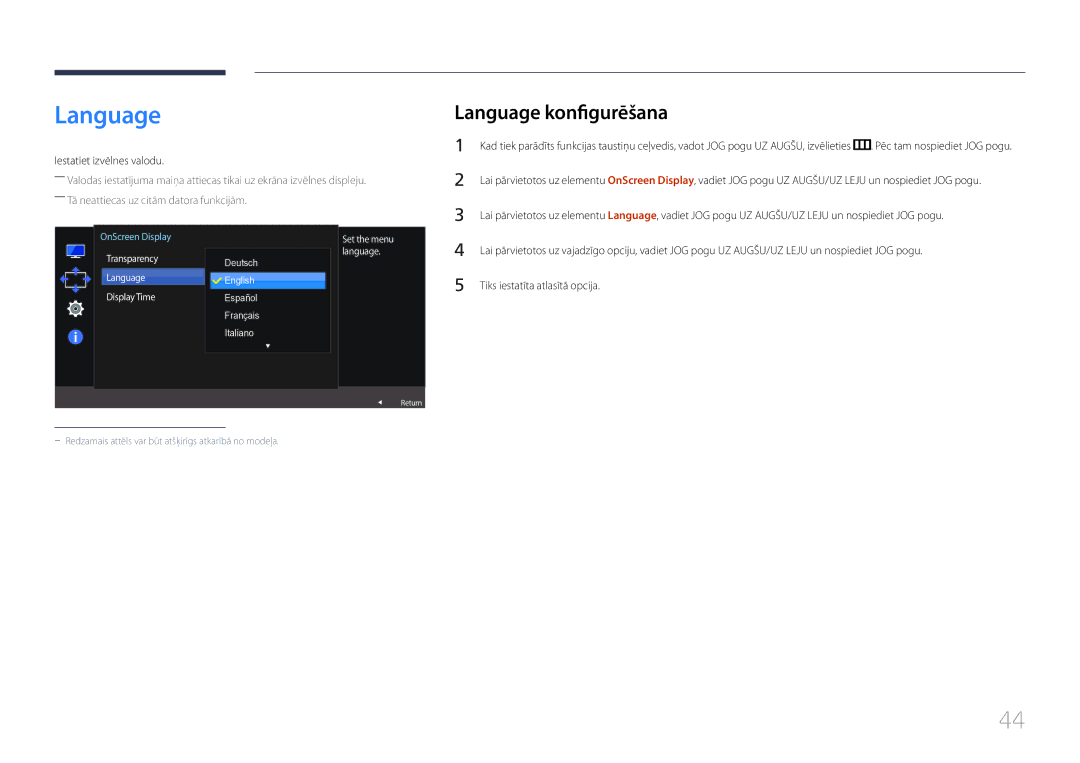 Samsung LS32E590CS/EN manual Language konfigurēšana, Iestatiet izvēlnes valodu, Transparency Language Display Time 