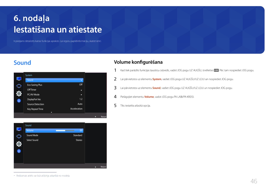 Samsung LS32E590CS/EN manual Iestatīšana un atiestate, Sound, Volume konfigurēšana 