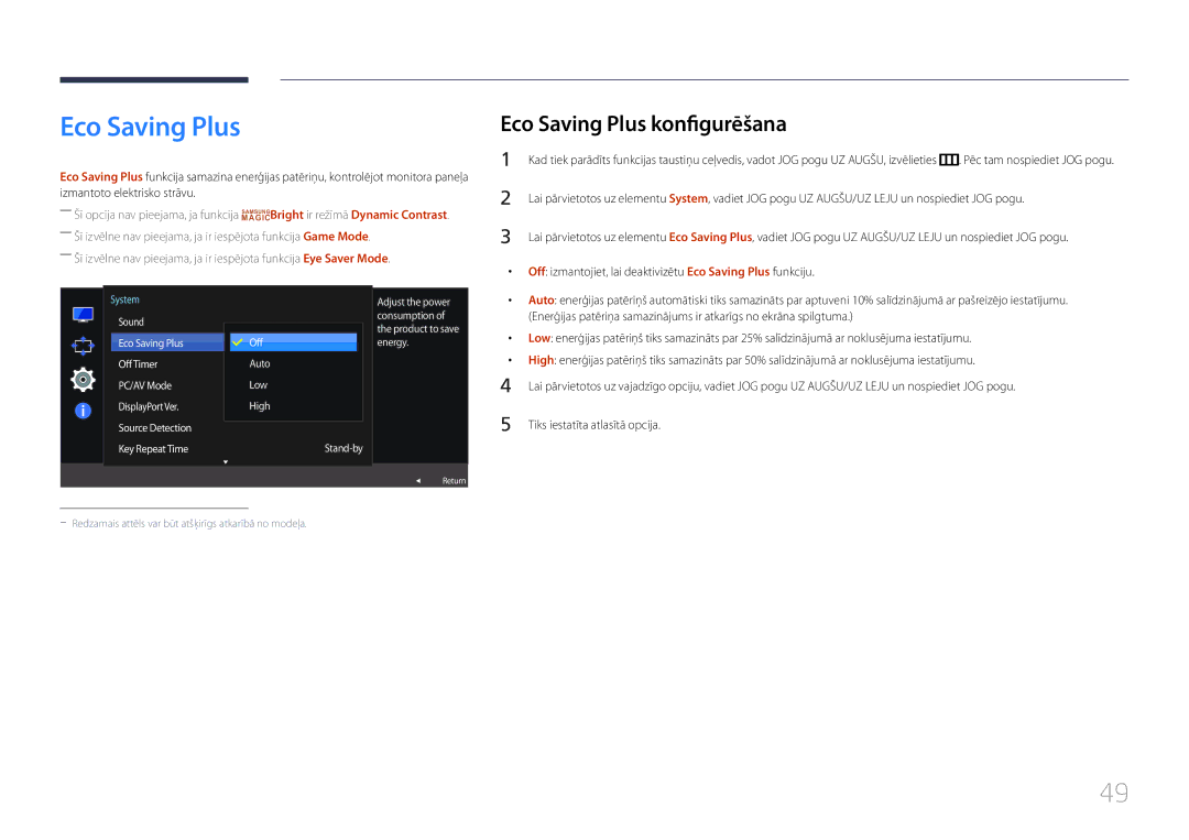 Samsung LS32E590CS/EN manual Eco Saving Plus konfigurēšana, Off izmantojiet, lai deaktivizētu Eco Saving Plus funkciju 