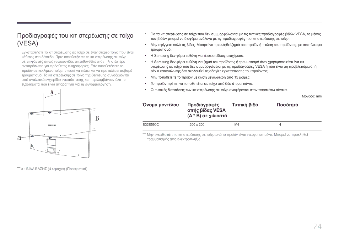 Samsung LS32E590CS/EN manual Προδιαγραφές του κιτ στερέωσης σε τοίχο Vesa, ――a Βιδα Βασησ 4 τεμαχια Προαιρετικά 