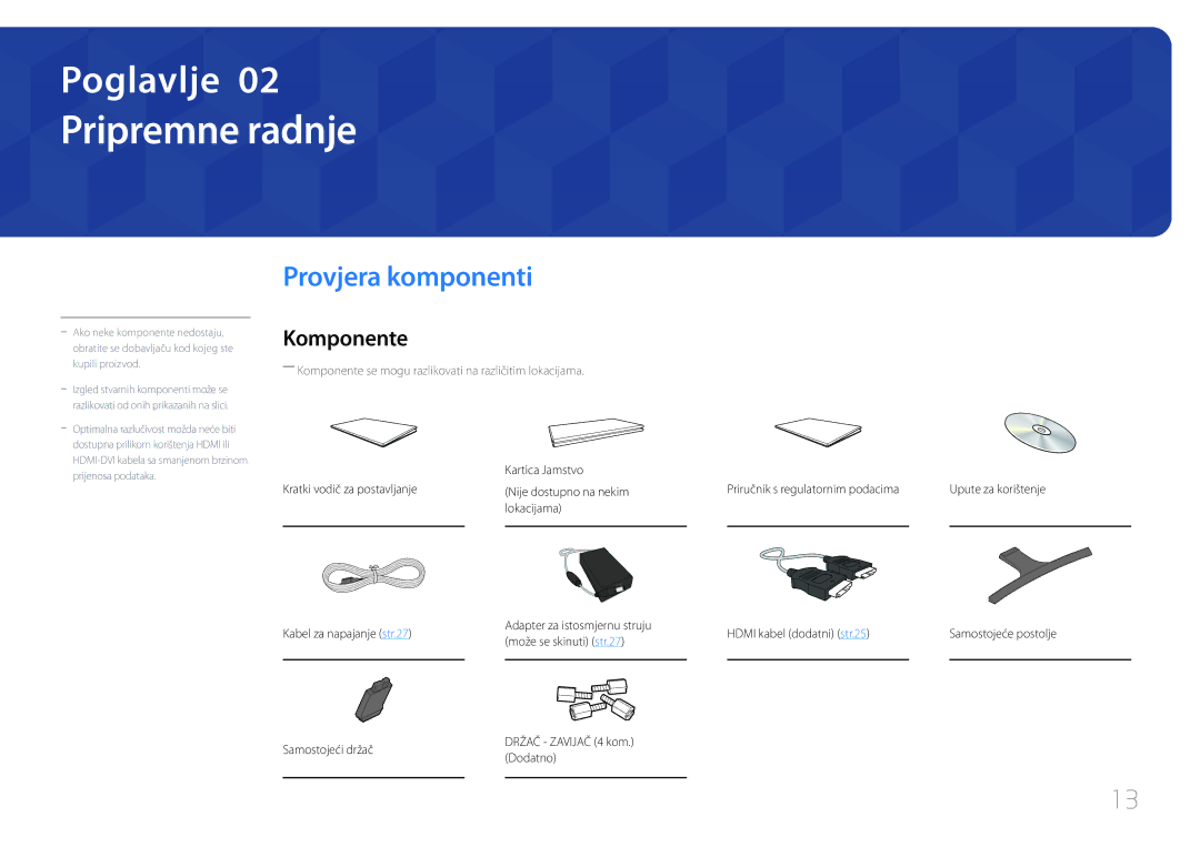 Samsung LS32E590CS/EN manual Pripremne radnje, Provjera komponenti, Komponente 