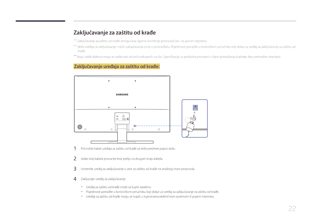 Samsung LS32E590CS/EN manual Zaključavanje za zaštitu od krađe, Zaključavanje uređaja za zaštitu od krađe 