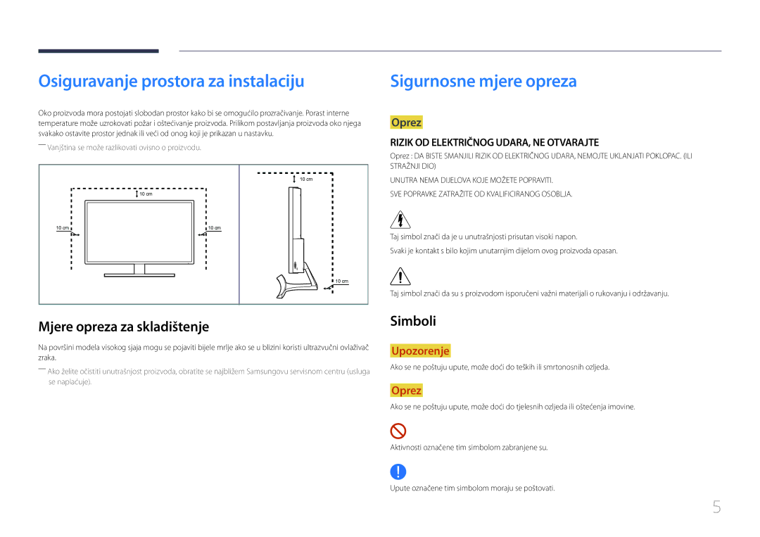 Samsung LS32E590CS/EN Osiguravanje prostora za instalaciju, Sigurnosne mjere opreza, Mjere opreza za skladištenje, Simboli 