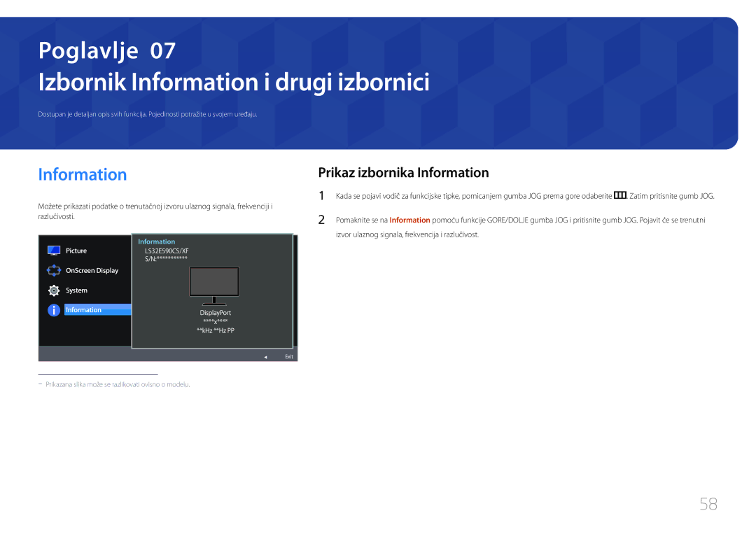 Samsung LS32E590CS/EN manual Izbornik Information i drugi izbornici, Prikaz izbornika Information 