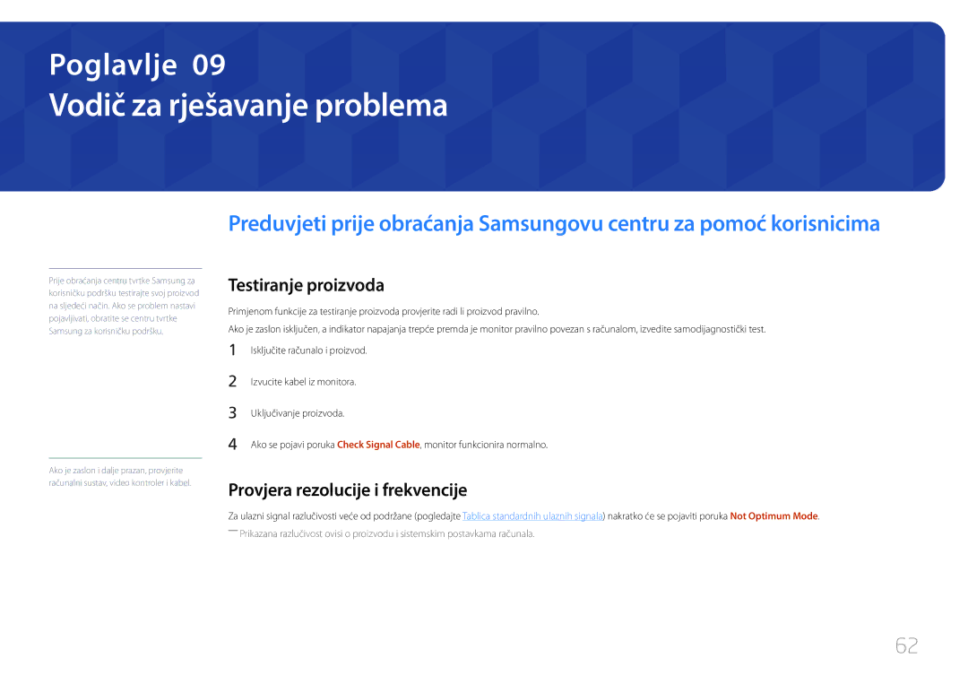 Samsung LS32E590CS/EN manual Vodič za rješavanje problema, Testiranje proizvoda, Provjera rezolucije i frekvencije 