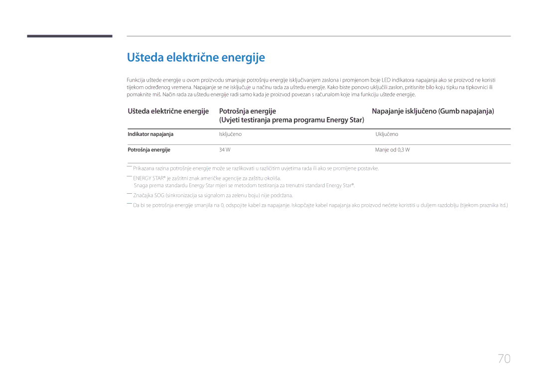 Samsung LS32E590CS/EN manual Ušteda električne energije, Potrošnja energije, Indikator napajanja 