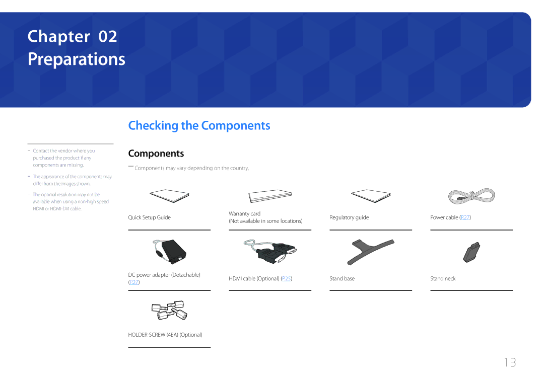 Samsung LS32E590CS/XV, LS32E590CS/ZR manual Preparations, Checking the Components 