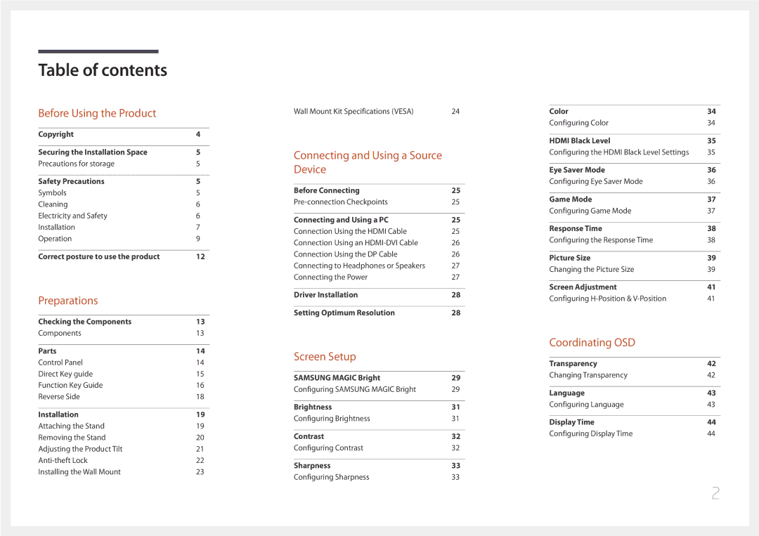 Samsung LS32E590CS/ZR, LS32E590CS/XV manual Table of contents 