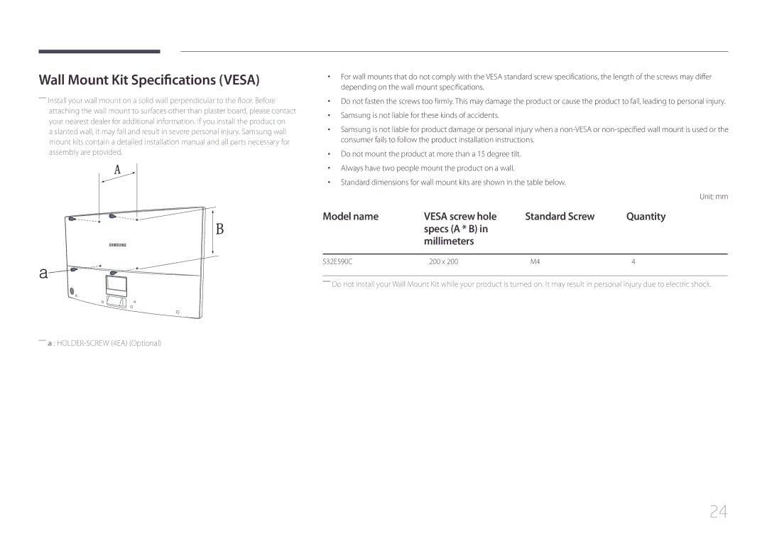 Samsung LS32E590CS/ZR, LS32E590CS/XV manual Wall Mount Kit Specifications Vesa, S32E590C 200 x 