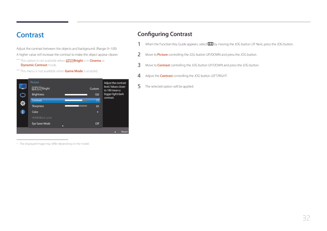 Samsung LS32E590CS/ZR, LS32E590CS/XV manual Configuring Contrast, Dynamic Contrast mode 