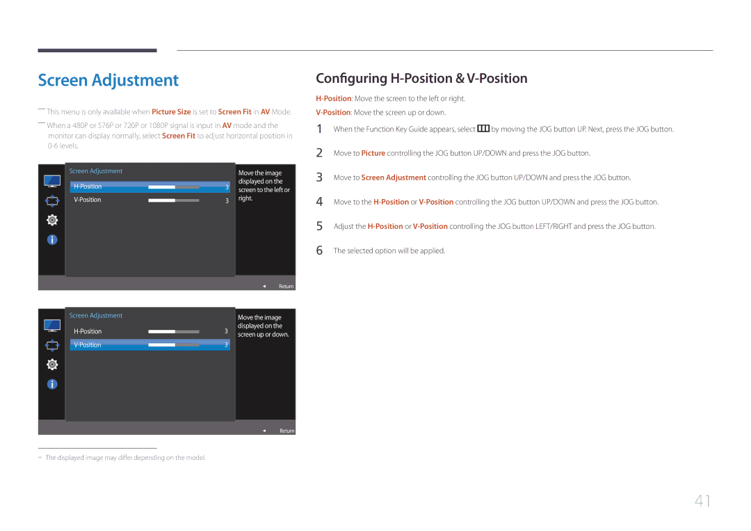 Samsung LS32E590CS/XV, LS32E590CS/ZR manual Screen Adjustment, Configuring H-Position & V-Position 