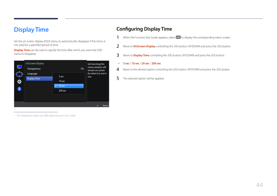 Samsung LS32E590CS/ZR, LS32E590CS/XV manual Configuring Display Time, Sec / 10 sec / 20 sec / 200 sec 