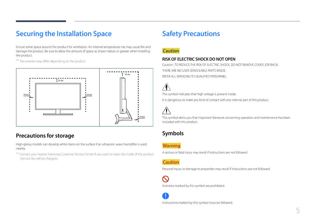 Samsung LS32E590CS/XV, LS32E590CS/ZR Securing the Installation Space, Safety Precautions, Precautions for storage, Symbols 