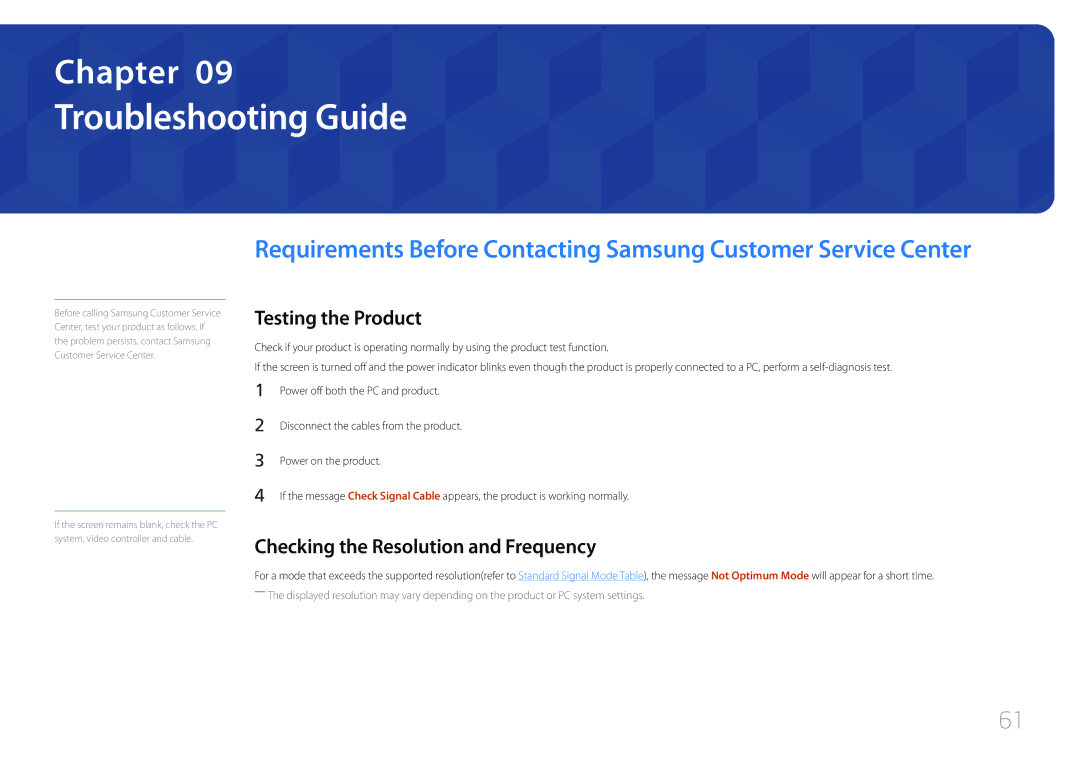 Samsung LS32E590CS/XV, LS32E590CS/ZR Troubleshooting Guide, Testing the Product, Checking the Resolution and Frequency 