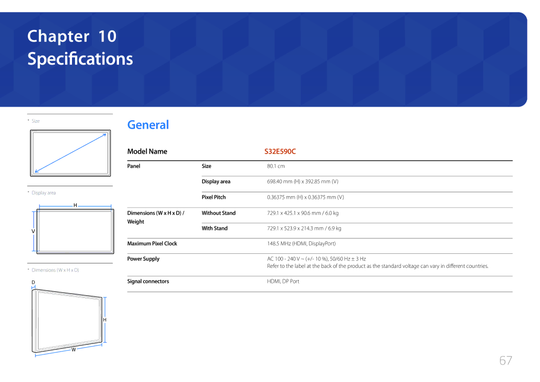 Samsung LS32E590CS/XV, LS32E590CS/ZR Specifications, General, Model Name, Panel Size 80.1 cm Display area Mm H x 392.85 mm 