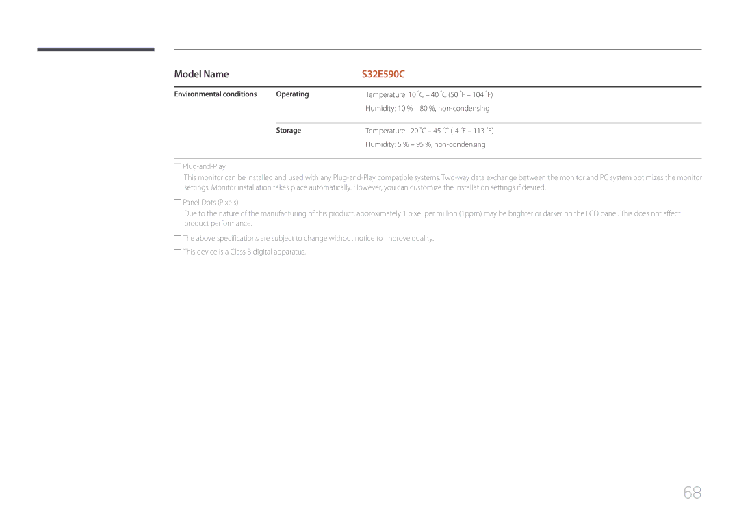 Samsung LS32E590CS/ZR, LS32E590CS/XV manual Environmental conditions Operating, Storage 