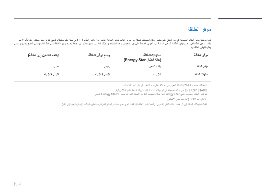 Samsung LS32E590CS/ZR manual ةقاطلا رفوم, ةقاطلا رز ليغشتلا فاقيإ, ةقاطلا كلاهتسا, ةقاطلا رشؤم 