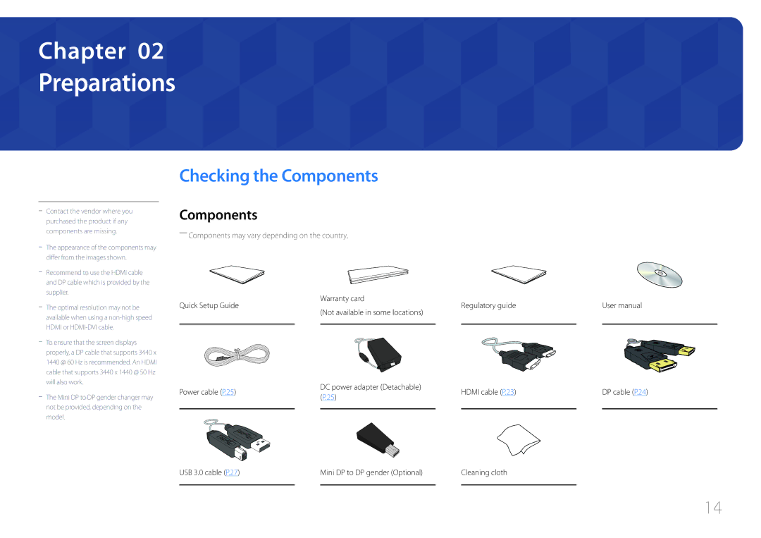 Samsung LS34E790CNS/EN manual Preparations, Checking the Components, Hdmi cable P.23 DP cable P.24 USB 3.0 cable P.27 